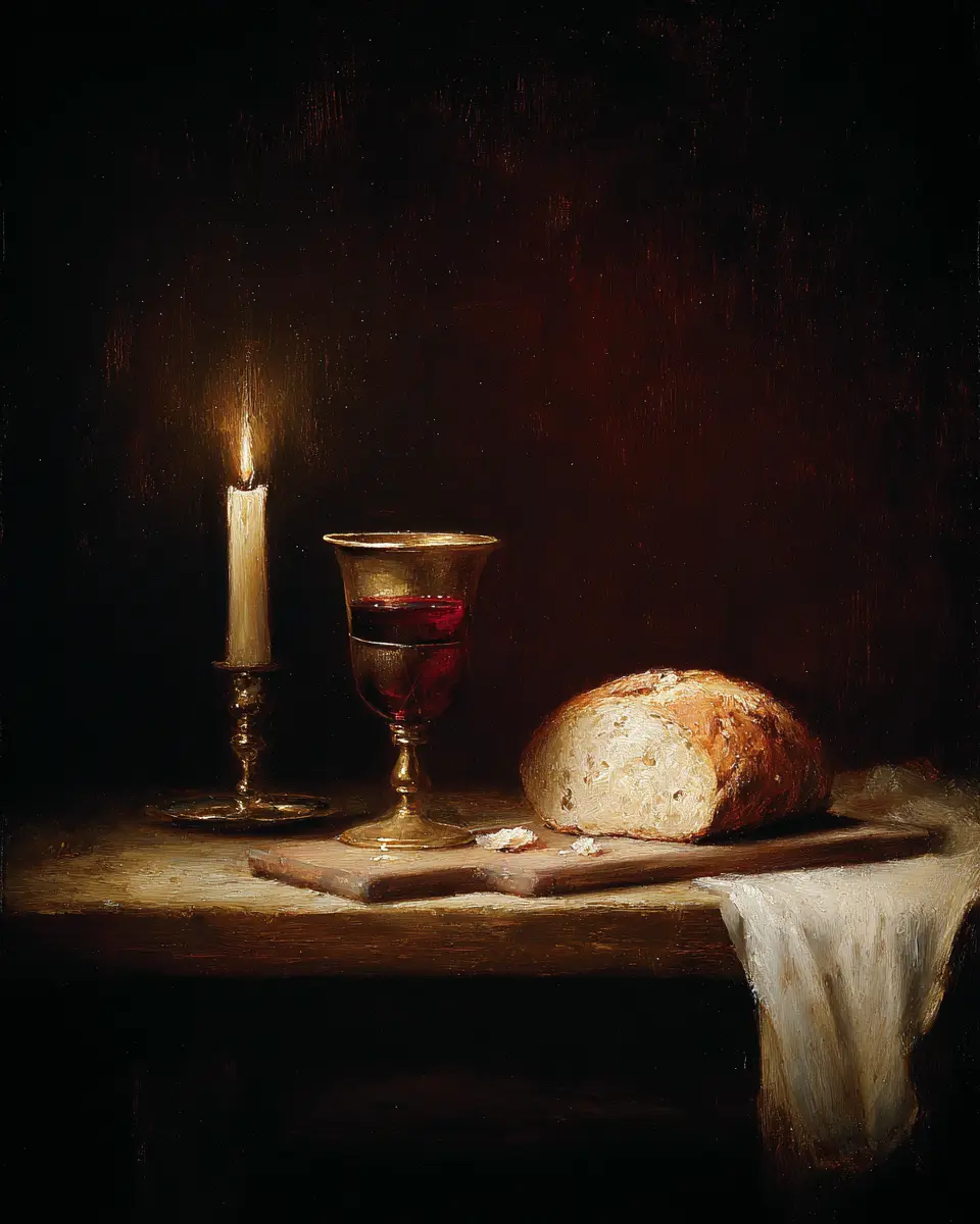 A lit candle, a goblet of red wine, and a loaf of bread on a draped wooden table